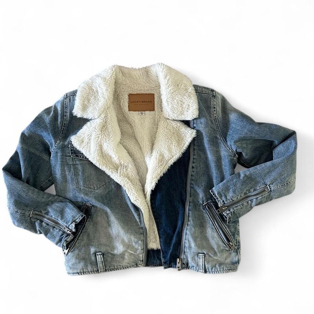 Lucky Brand blue moto denim jacket with white faux fur lining - Size S